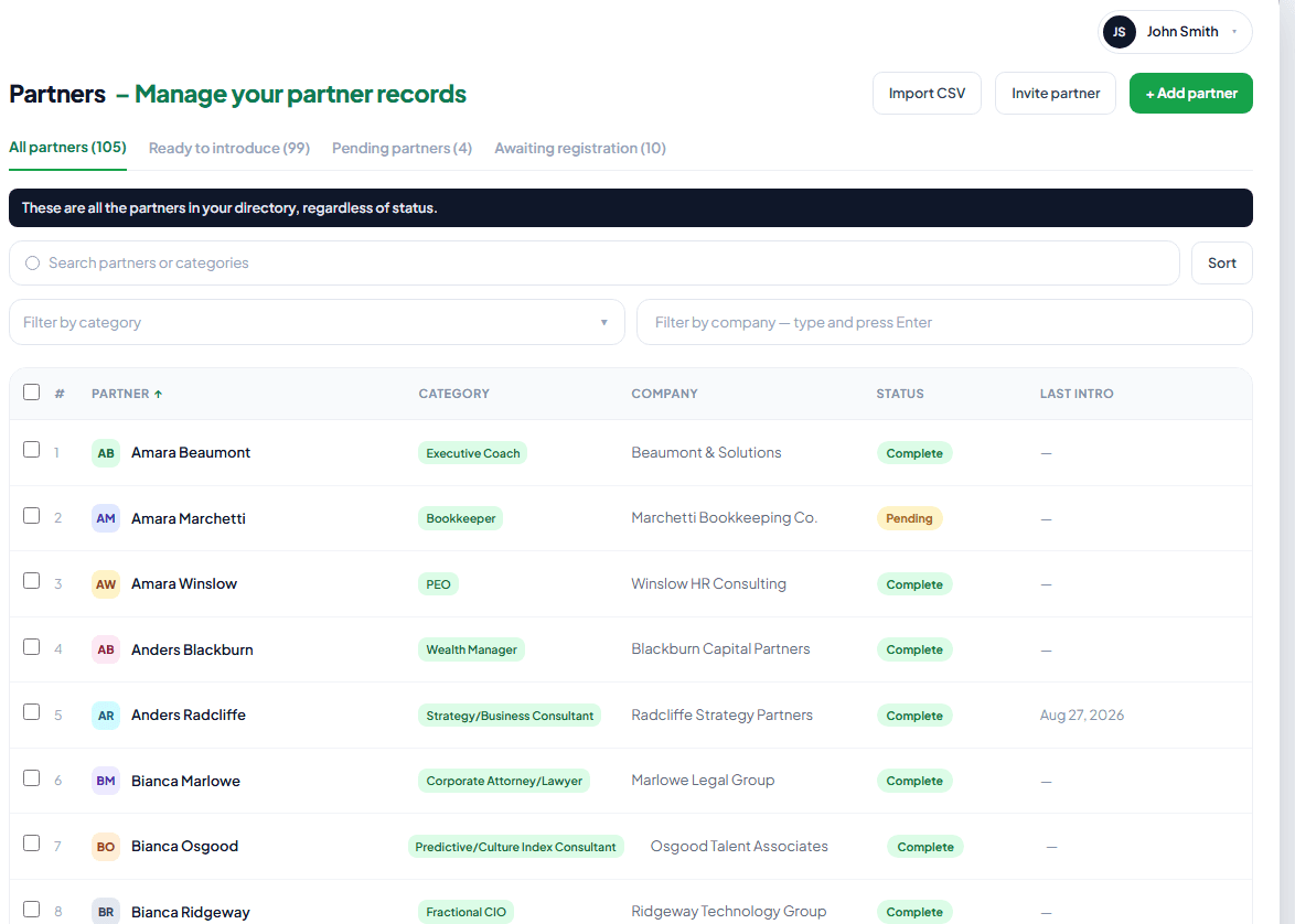 The SwitchBoard121 partner directory, showing a searchable, sortable list of referral partners with category, company and status columns