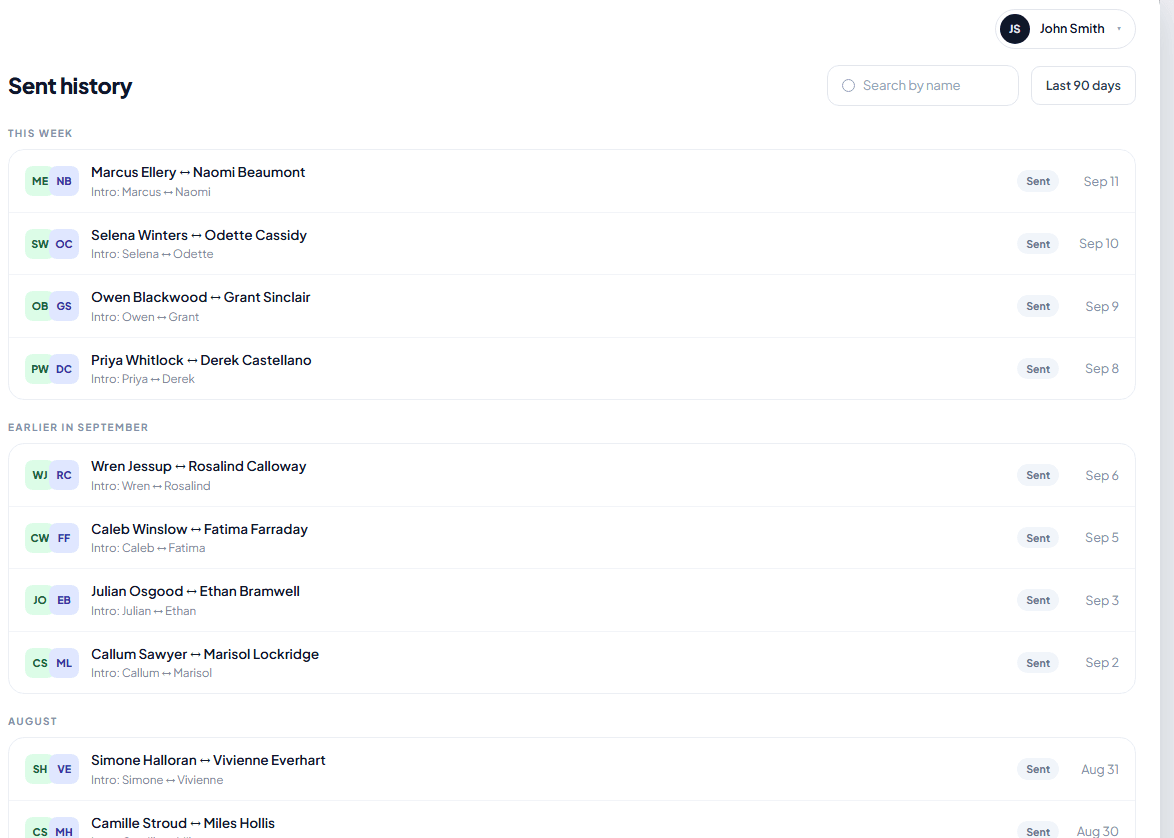 A searchable sent history showing past introductions with the date each one was sent
